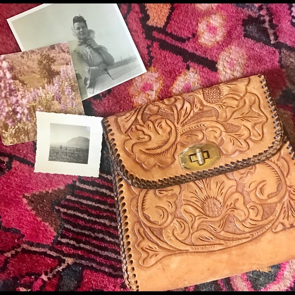 Vintage Handbags - Vintage art nouveau floral print leather purse bag